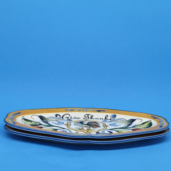 2 Fitz and Floyd Ricamo 11"  "Give Thanks With a Happy Heart" Tray Rooster - Picture 8 of 8